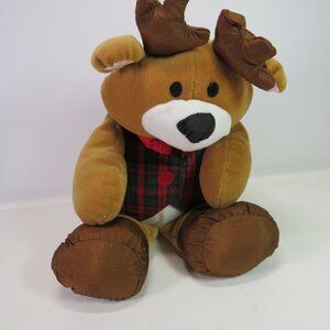 Reindeer Stuffed Animal (Nylon & short fur) sewn on vest Christmas plaid